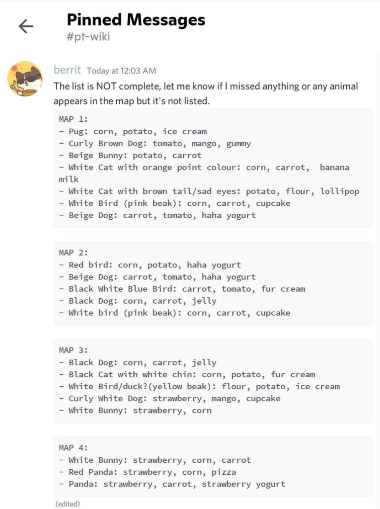 List of foods to attract animals in stroll map
